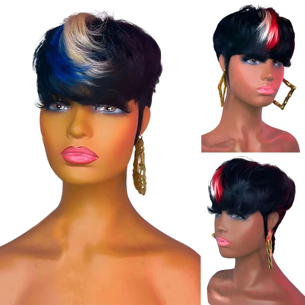 613 Blue Highlight Short Straight Bob Wigs Pixie Human Hair Wig With Bangs Full Machine Made Wig Brazilian Virgin Hair Cheap Wig