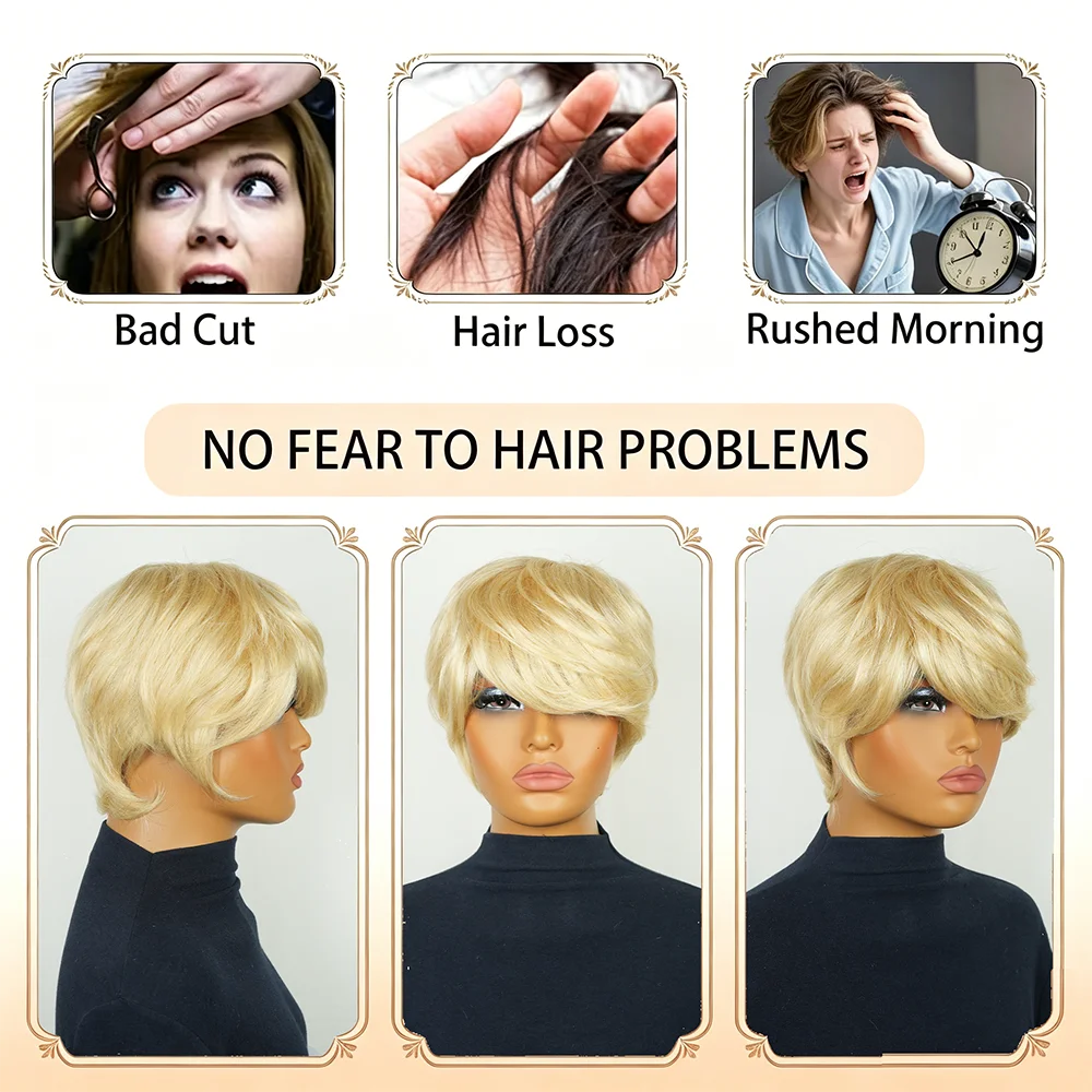 Women's 613 Blonde Pixie Cut Wig 100% Human Hair 6 Inch 180% Density Short Straight With Bangs Full Machine Made For Daily Life
