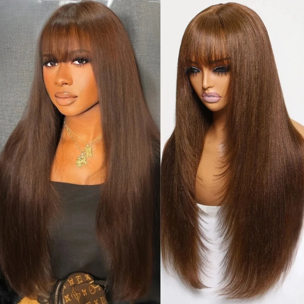 99J Burgundy Red Layered Lace Front Wig With Bangs Bone Straight Synthetic Lace Frontal Wigs 13x4 HD Glueless PrePlucked Cosplay