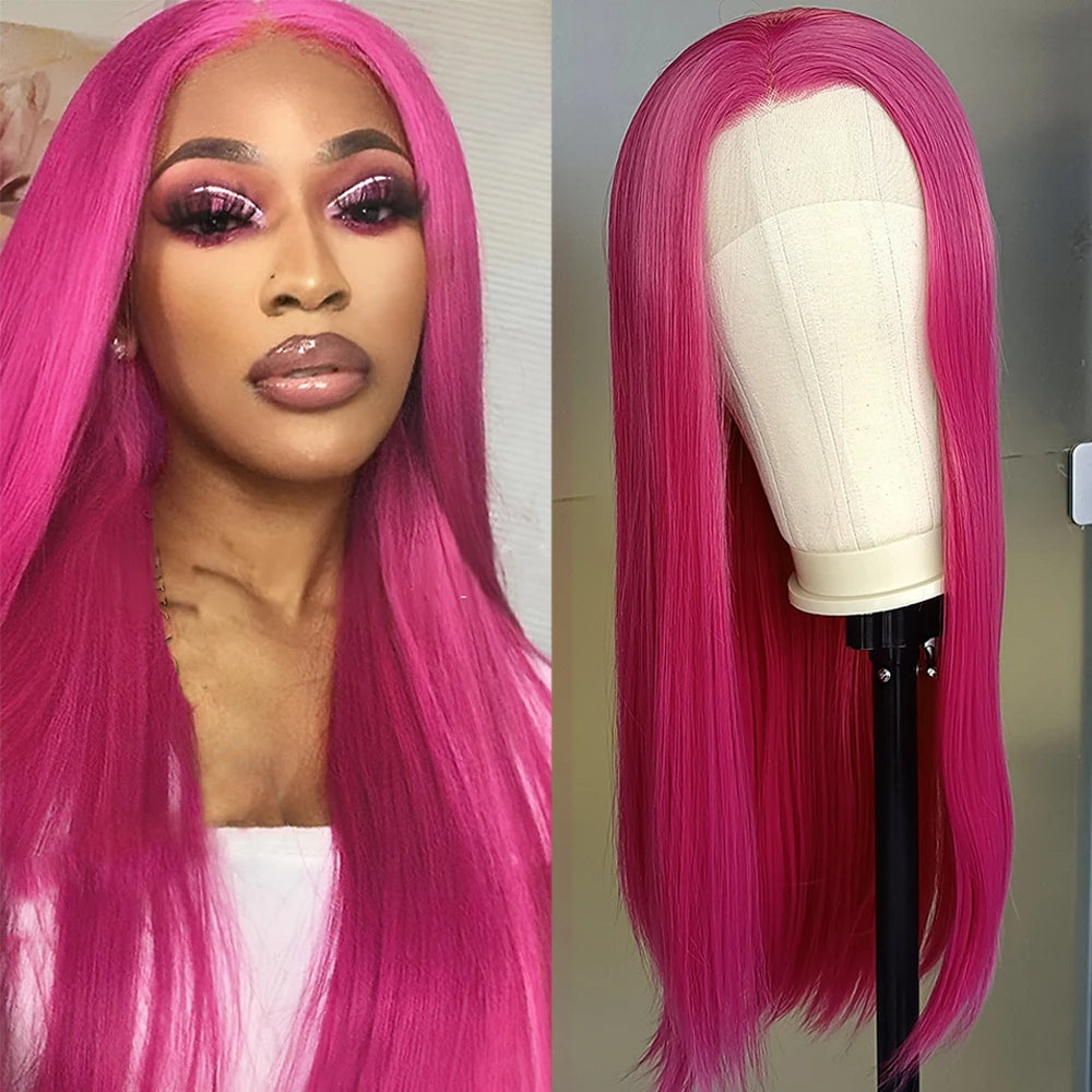 Rose Pink Straight Synthetic Lace Wig Glueless Wigs For Women Natural Hairline Daily Wear Long Pink  Wig Cosplay Part Front Hair