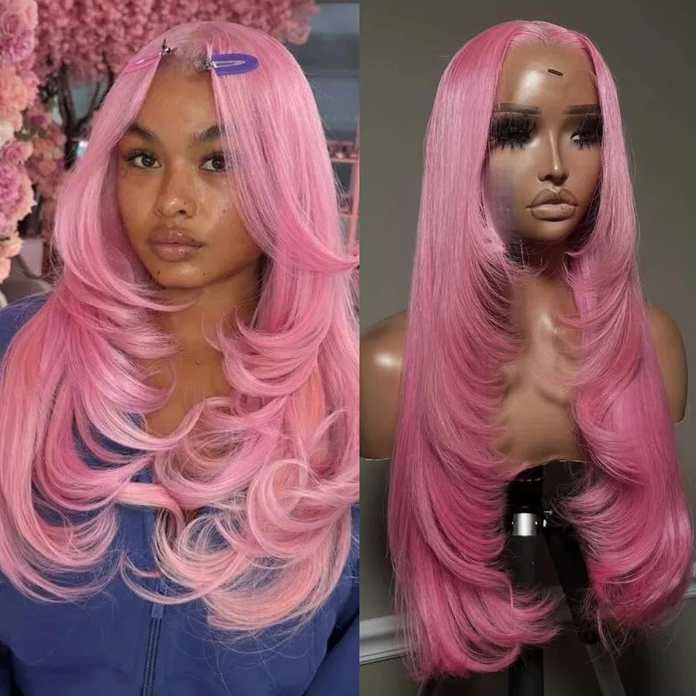 Pink Wig Layered Cut Straight Lace Front Wig PrePlucked 13x4 HD Lace Frontal Wig Synthetic And Blend High Quality Daily Cosplay