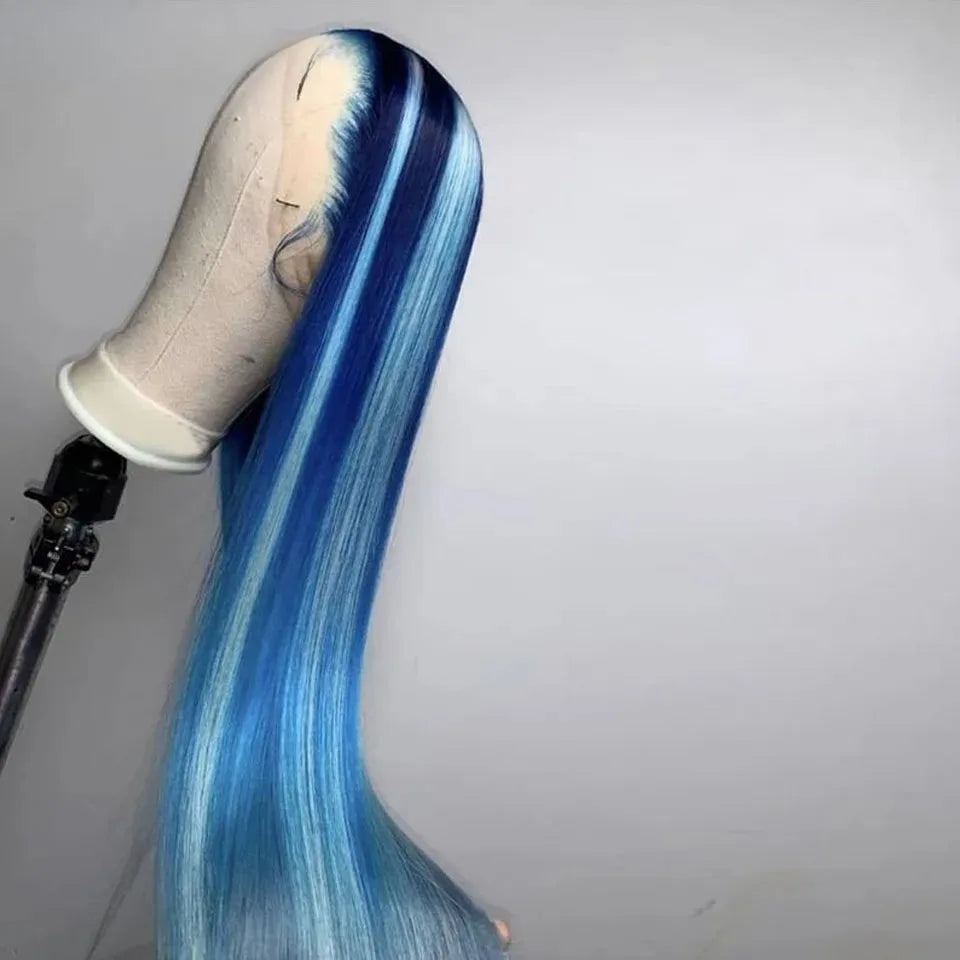 Blue Wig Straight Lace Front Wig HD Transparent Lace Frontal Wig PrePlucked Synthetic High Quality Heat Resistant Daily Cosplay