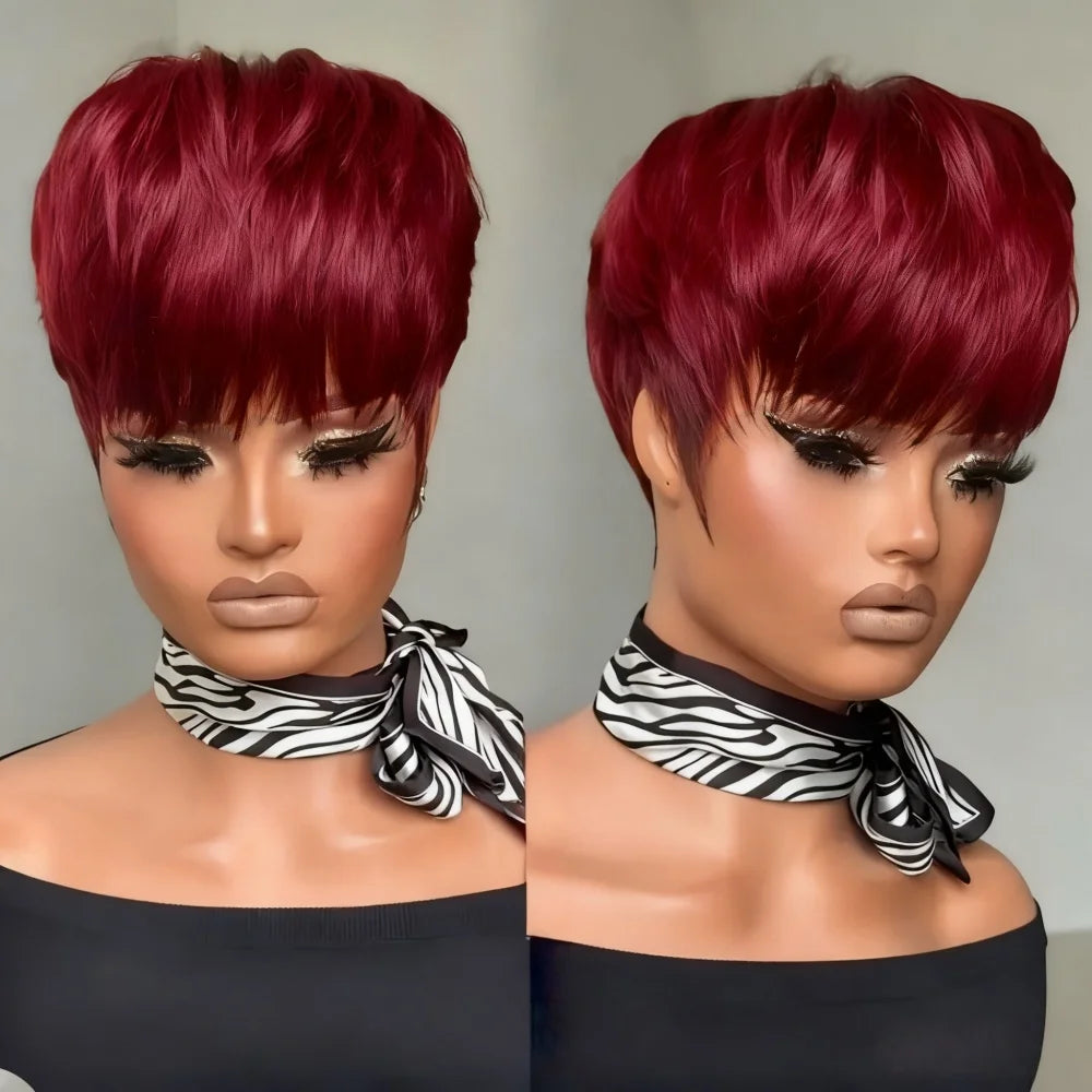 Short Pixie Cut Wig with Bangs Human Hair Natural Blonde/Red Full Machine Made Straight Hair Wig