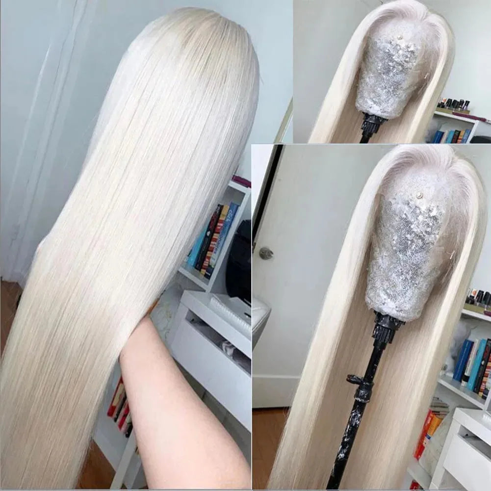 Platinum Blonde Straight Lace Front Wig Pre Plucked Ready to Wear 13x4 HD Glueless Synthetic Lace Frontal Wig for Women Cosplay
