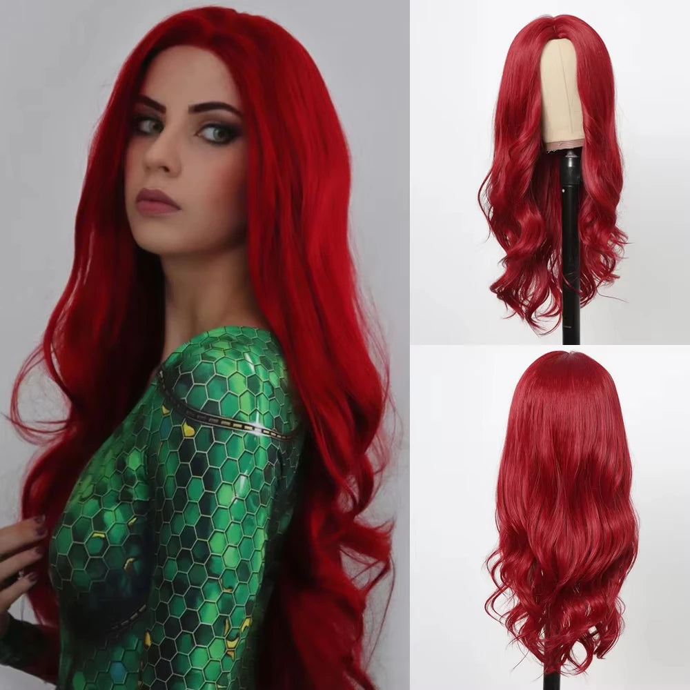 Red wine color synthetic wig with long curly hair
