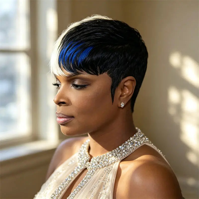 Real Human Hair Short Pixie Cut Wig 613 Blue Highlight Full Machine Made Wig With Bangs Easy Wear For Women Family Party Daily