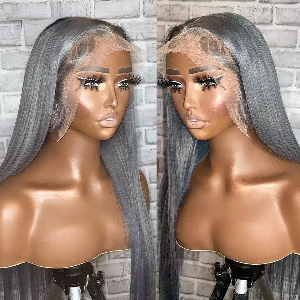 Grey Colored Straight Lace Front Wigs 13x4 180 Density PrePlucked Hd Lace Frontal Wigs Glueless For Women Synthetic And Blend