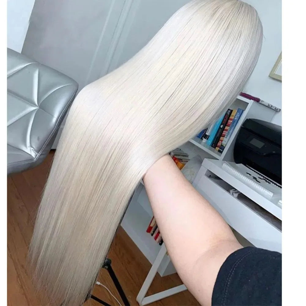 Platinum Blonde Straight Lace Front Wig Pre Plucked Ready to Wear 13x4 HD Glueless Synthetic Lace Frontal Wig for Women Cosplay