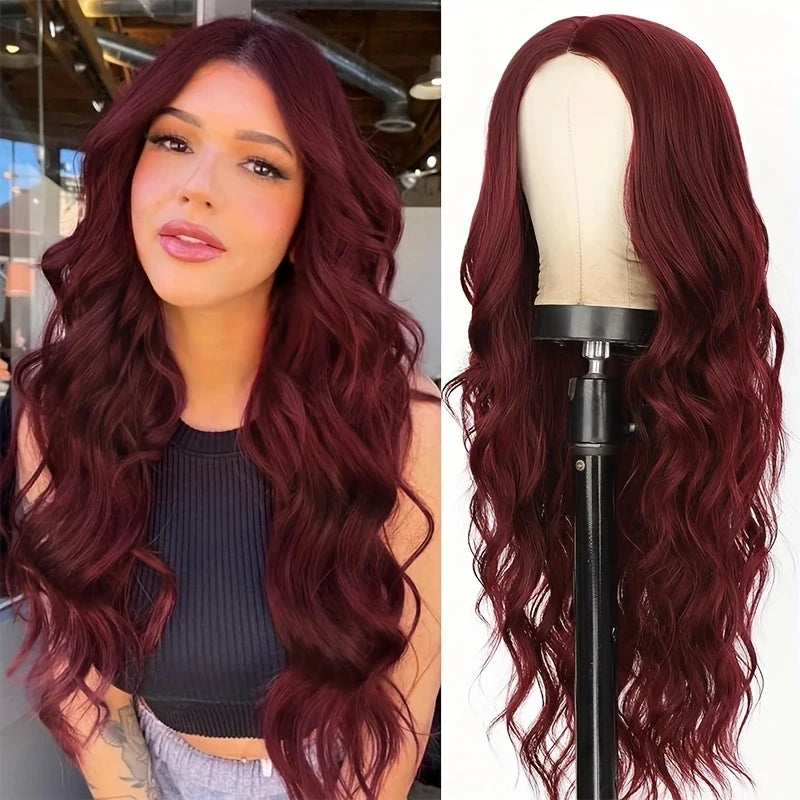 Red wine color synthetic wig with long curly hair