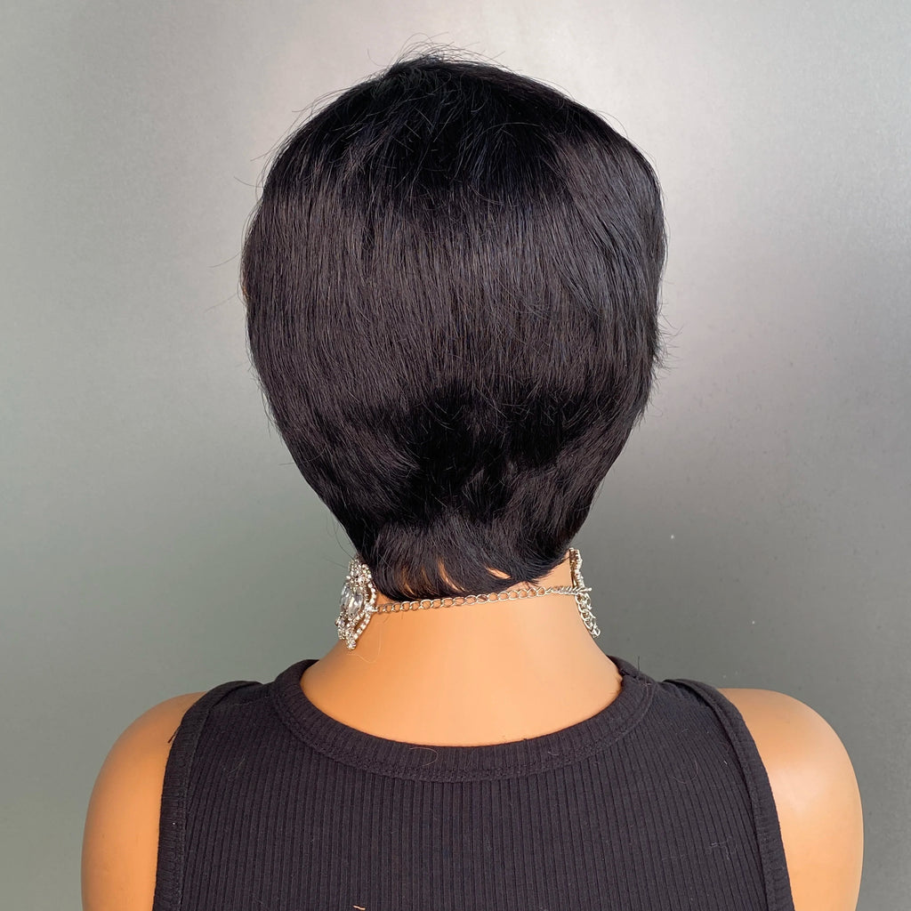 Remy Human Hair Wig with Bangs Highlight Color Straight Pixie Cut Machine Make Wig