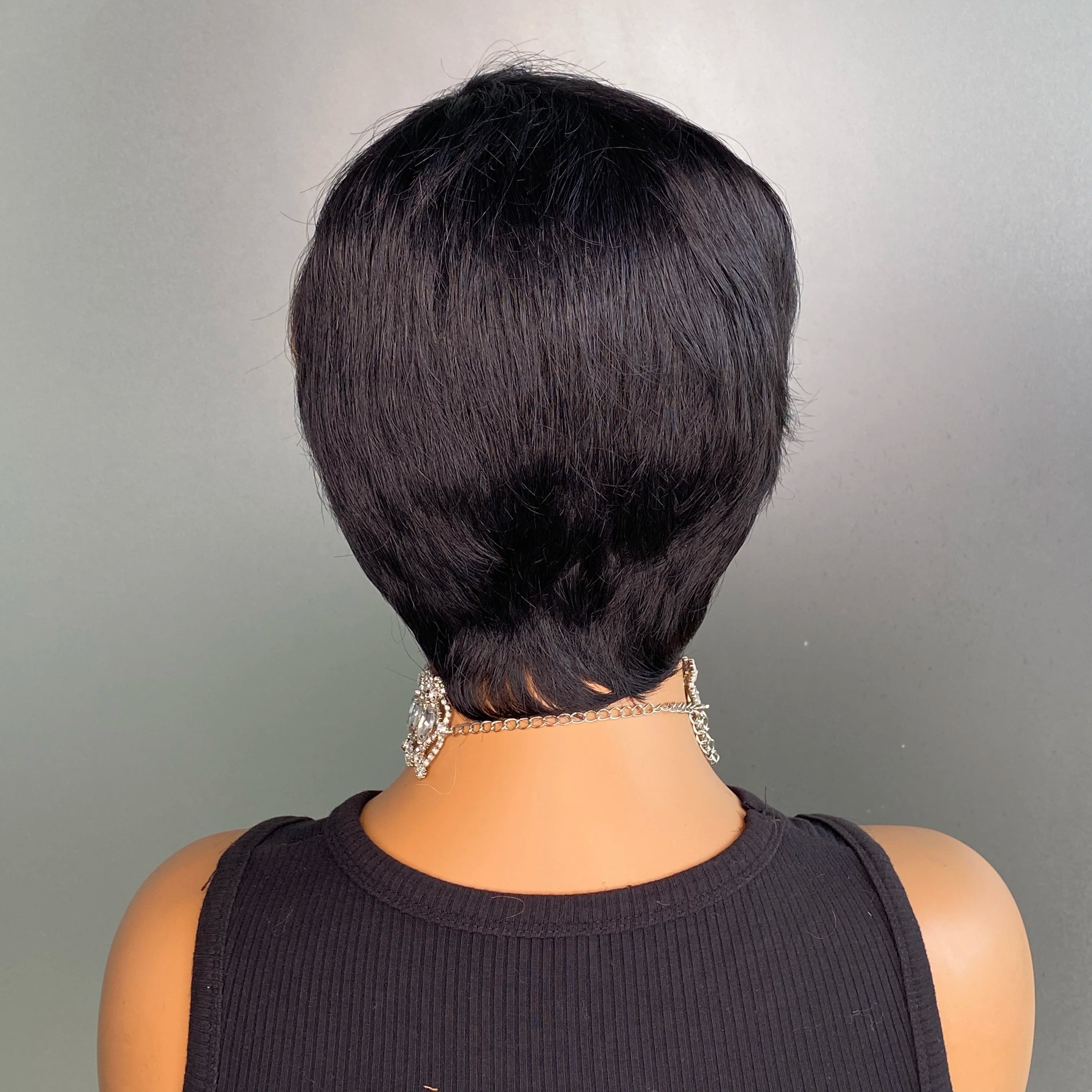 Remy Human Hair Wig with Bangs Highlight Color Straight Pixie Cut Machine Make Wig