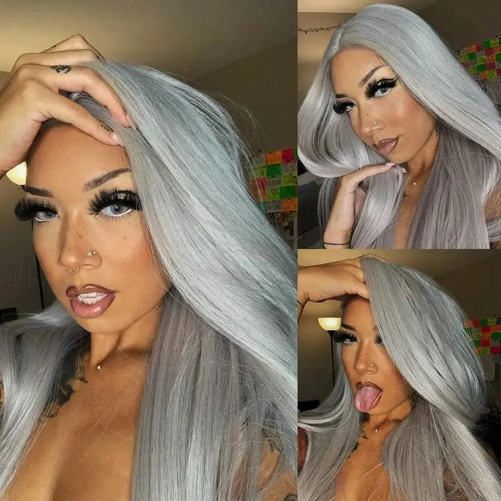 Grey Colored Straight Lace Front Wigs 13x4 180 Density PrePlucked Hd Lace Frontal Wigs Glueless For Women Synthetic And Blend