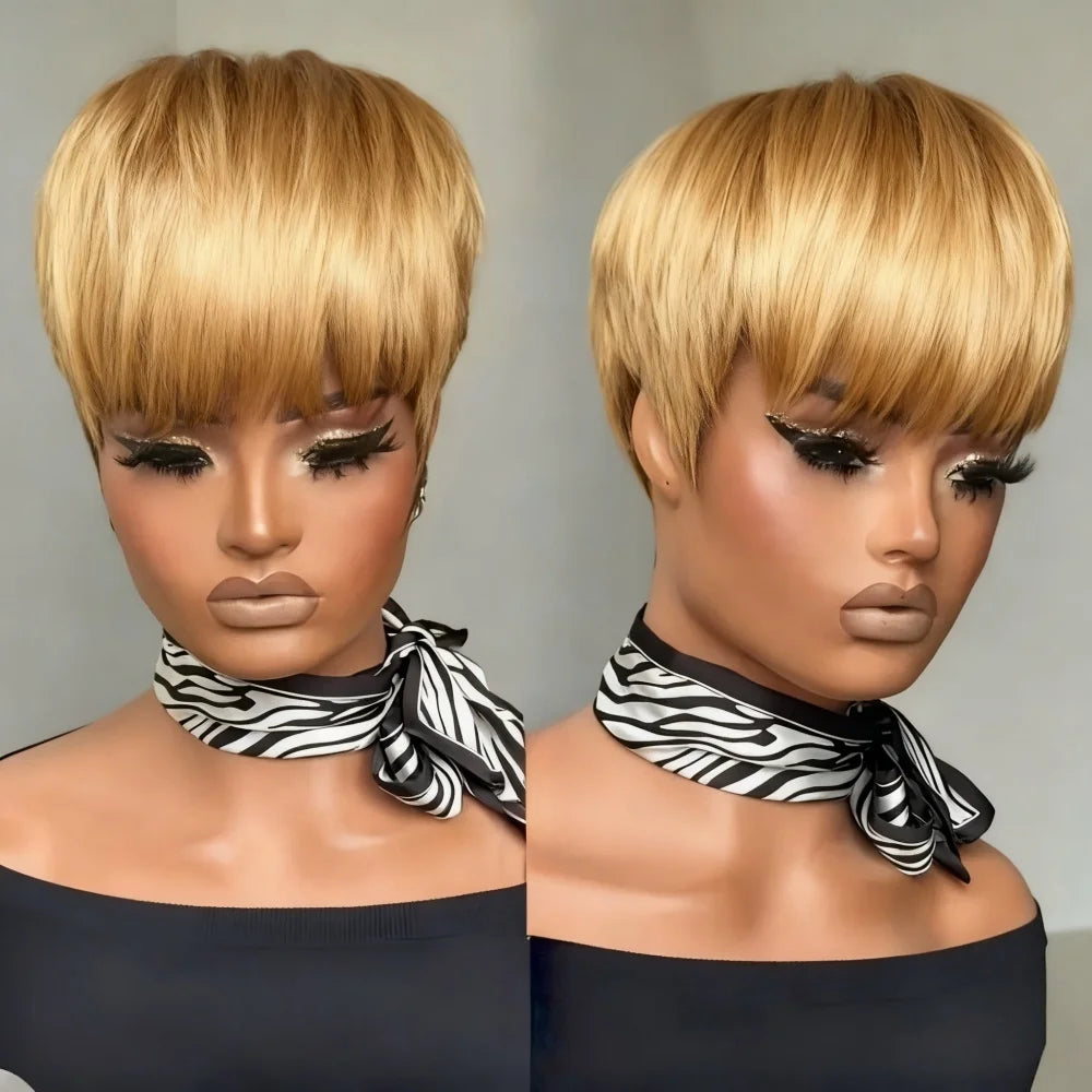 Short Pixie Cut Wig with Bangs Human Hair Natural Blonde/Red Full Machine Made Straight Hair Wig