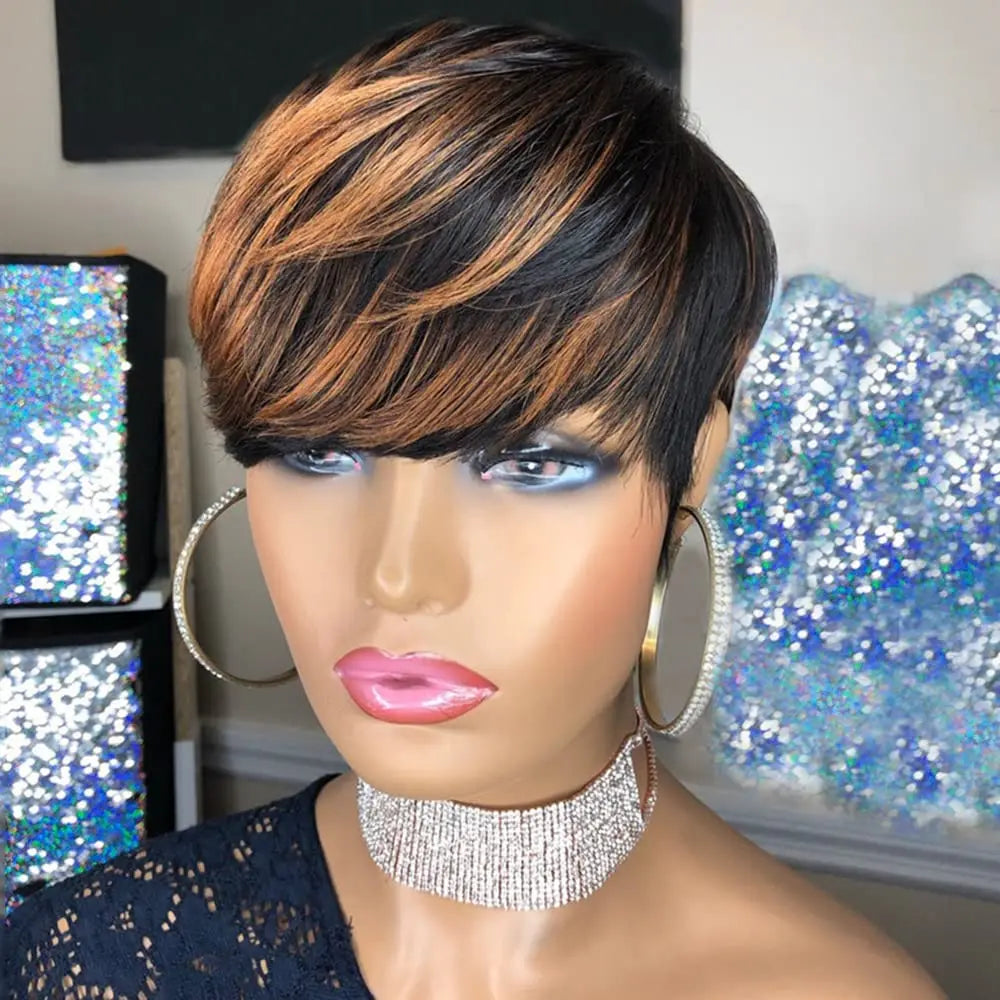 Highlight Pixie Cut Mixed Color1B/30 Hair Style Short Straight human hair Wigs With Bangs For Women Machine Made