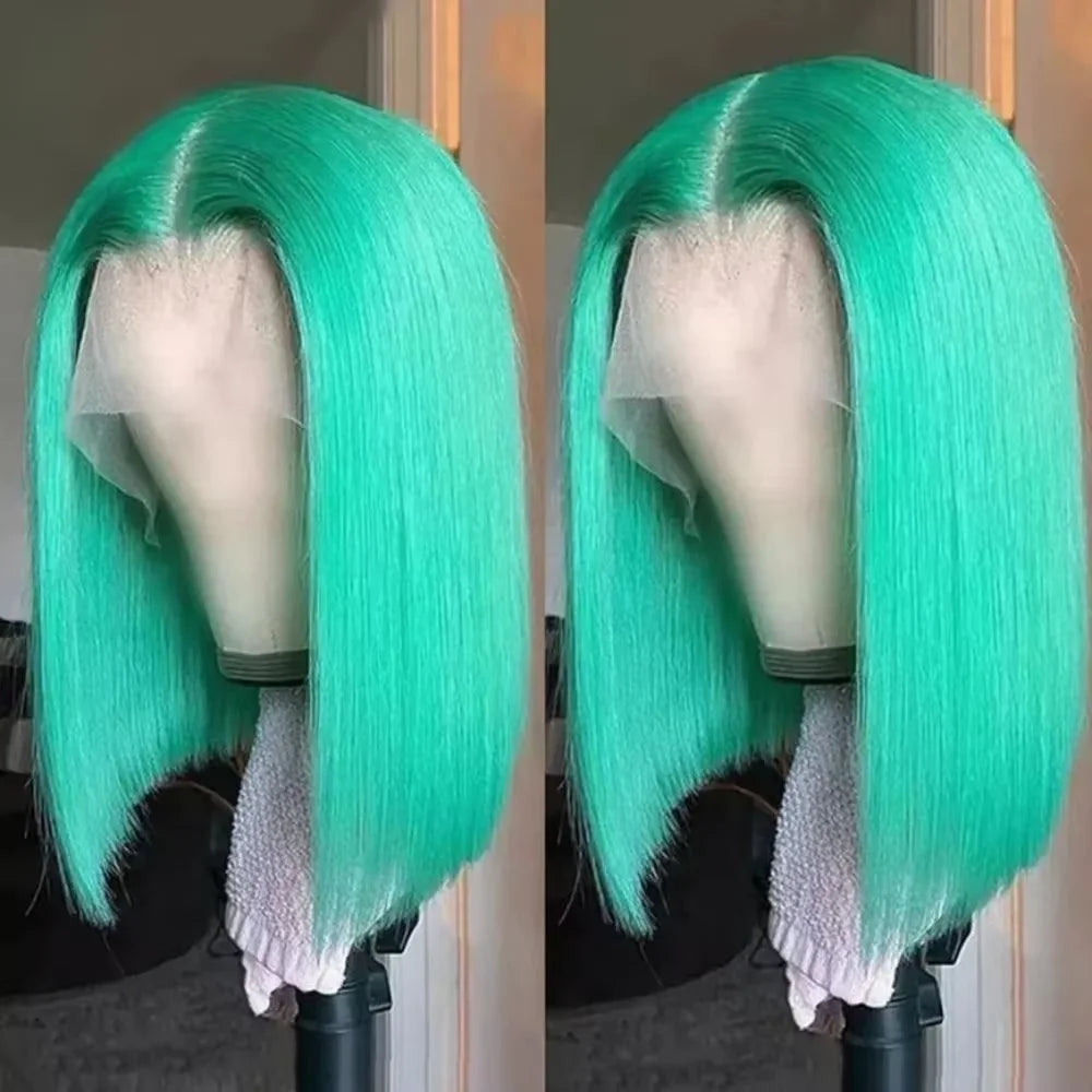 Geeta Light Green Bob Wig Human Hair 13x4 Straight Lace Front Bob Wigs 220 Density Short Bob Lace Frontal Colored Wigs for Women