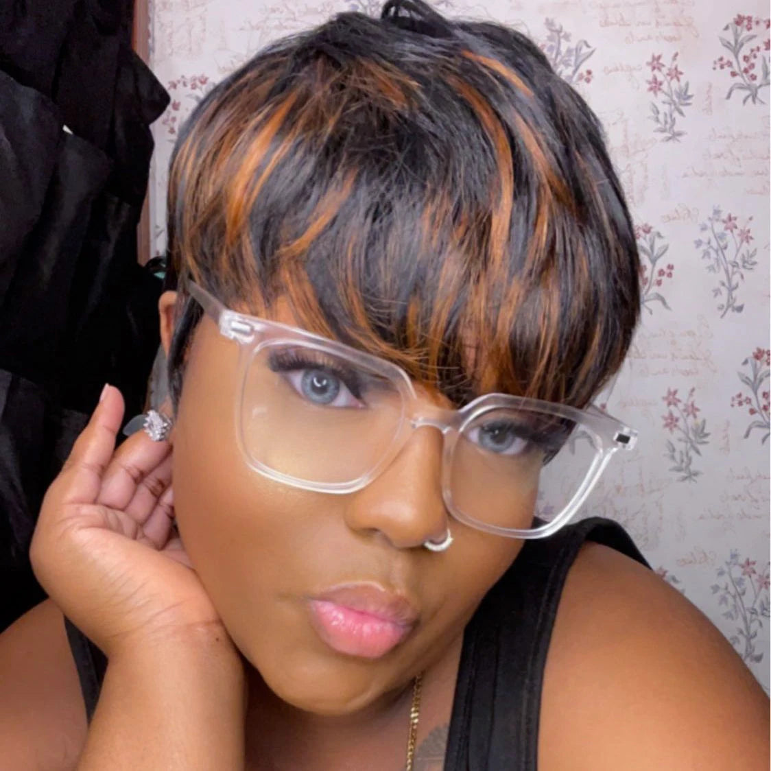 Highlight Pixie Cut Mixed Color1B/30 Hair Style Short Straight human hair Wigs With Bangs For Women Machine Made