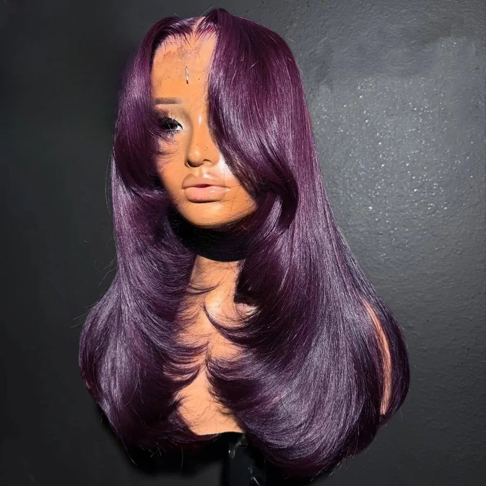 99J Burgundy Red Layered Lace Front Wig With Bangs Bone Straight Synthetic Lace Frontal Wigs 13x4 HD Glueless PrePlucked Cosplay