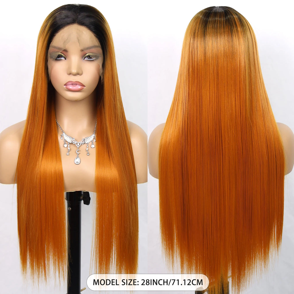 Aubree Synthetic Wigs 13*4 Lace Front Wig For Women Daily Wear Ombre Burgundy Black Hightlight 28 inch Long Straight