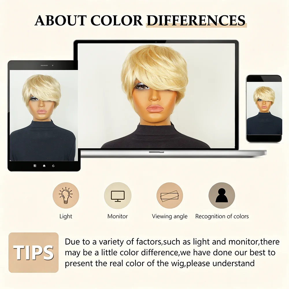 Women's 613 Blonde Pixie Cut Wig 100% Human Hair 6 Inch 180% Density Short Straight With Bangs Full Machine Made For Daily Life