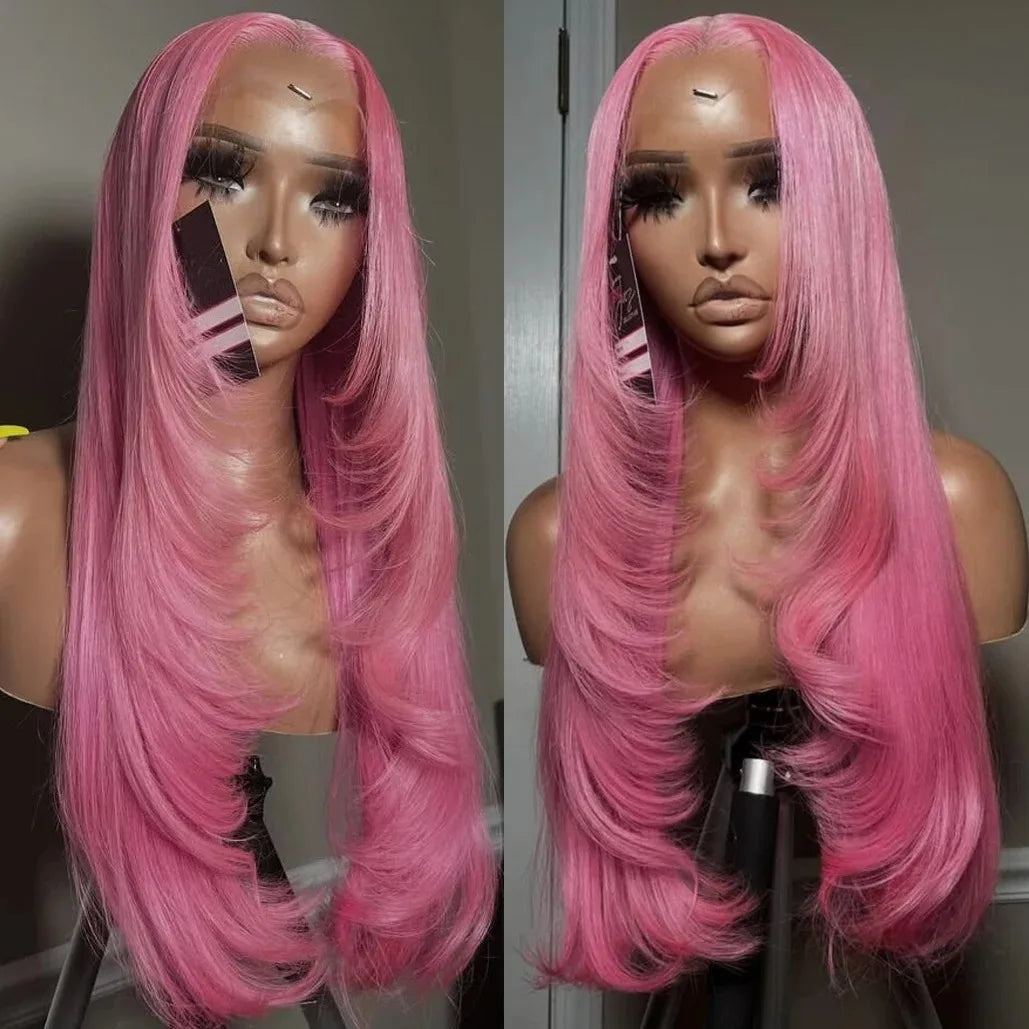 Pink Wig Layered Cut Straight Lace Front Wig PrePlucked 13x4 HD Lace Frontal Wig Synthetic And Blend High Quality Daily Cosplay