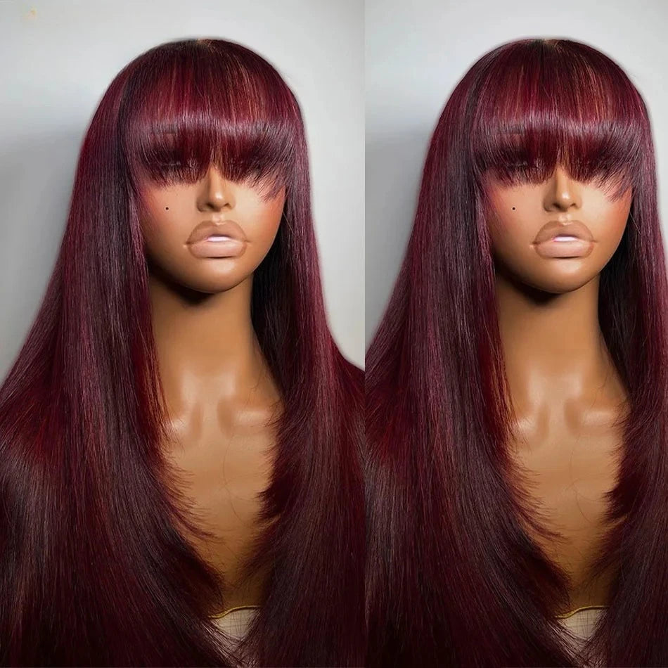 99J Burgundy Red Layered Lace Front Wig With Bangs Bone Straight Synthetic Lace Frontal Wigs 13x4 HD Glueless PrePlucked Cosplay