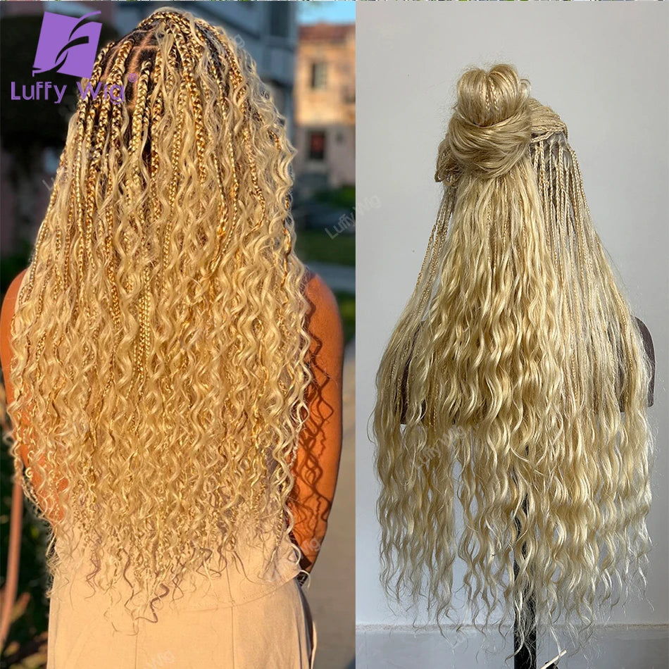 Human Hair Curly 613 Blonde Color Braided Wig