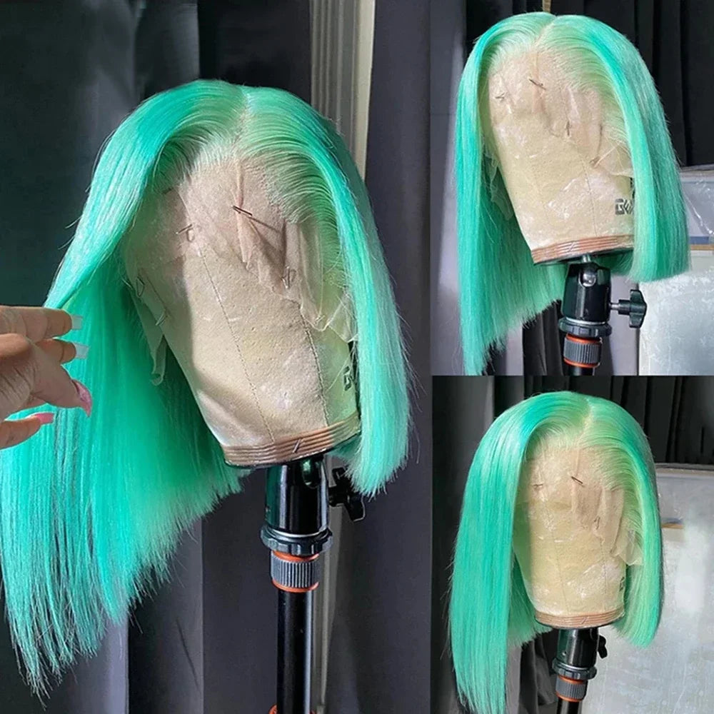 Geeta Light Green Bob Wig Human Hair 13x4 Straight Lace Front Bob Wigs 220 Density Short Bob Lace Frontal Colored Wigs for Women