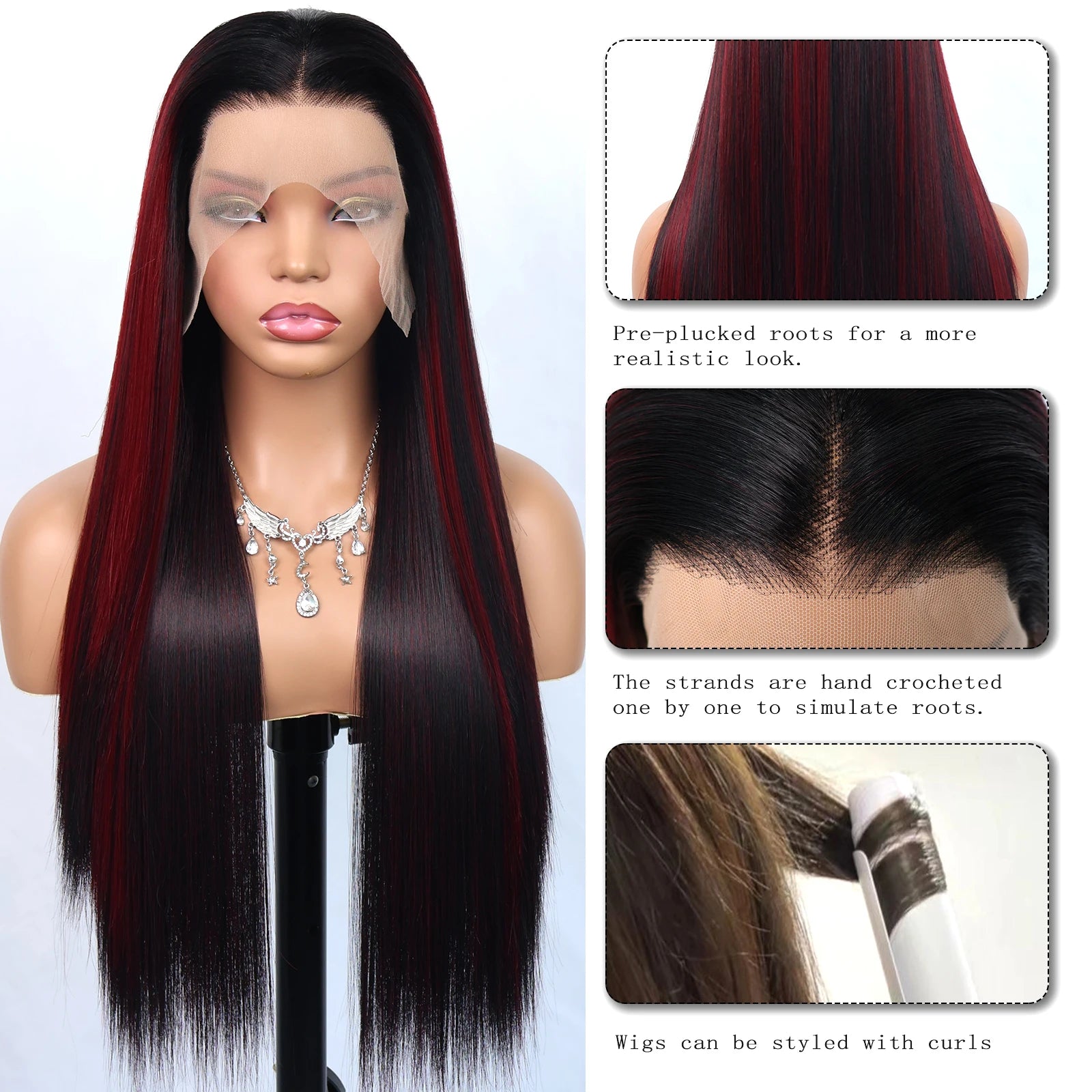 Aubree Synthetic Wigs 13*4 Lace Front Wig For Women Daily Wear Ombre Burgundy Black Hightlight 28 inch Long Straight