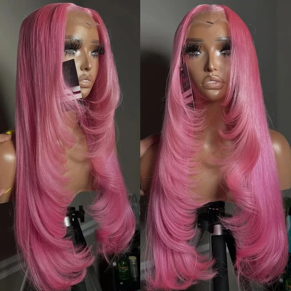 99J Burgundy Red Layered Lace Front Wig With Bangs Bone Straight Synthetic Lace Frontal Wigs 13x4 HD Glueless PrePlucked Cosplay