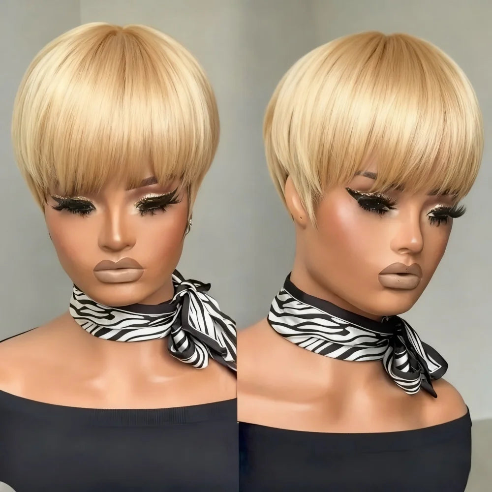 Short Pixie Cut Wig with Bangs Human Hair Natural Blonde/Red Full Machine Made Straight Hair Wig