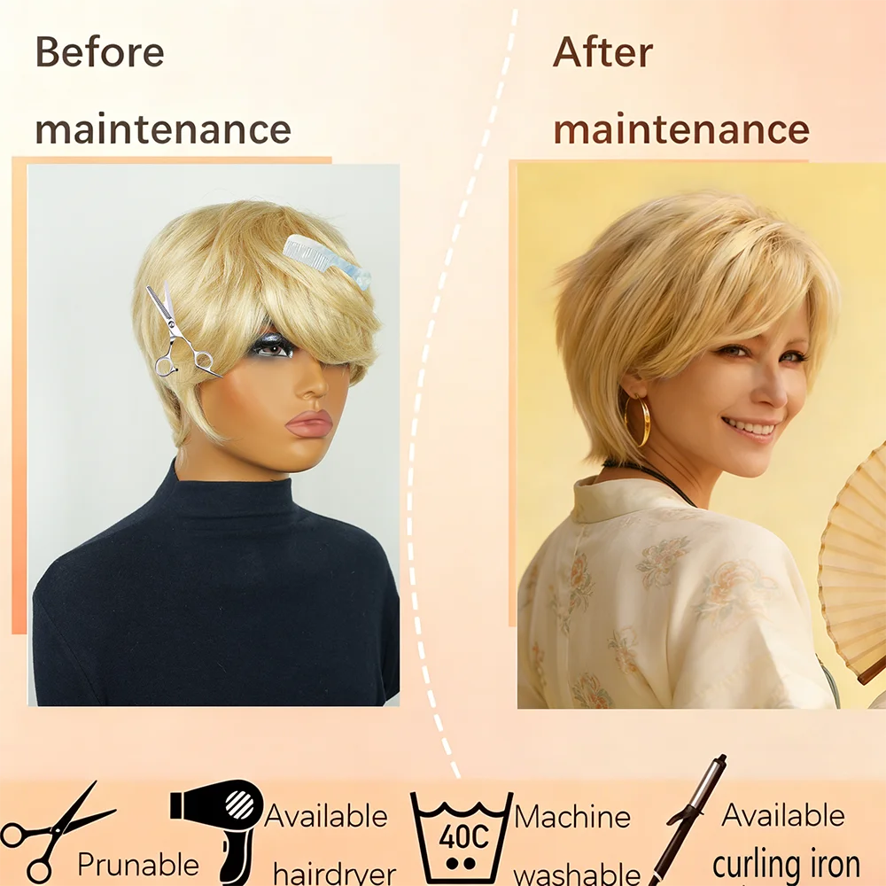 Women's 613 Blonde Pixie Cut Wig 100% Human Hair 6 Inch 180% Density Short Straight With Bangs Full Machine Made For Daily Life