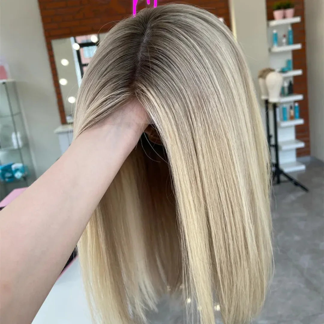 14 inch Soft highlight Blond Wave Hair 150 density and 13×4 100%human hair wig lace front wig, with baby hair pre plucked