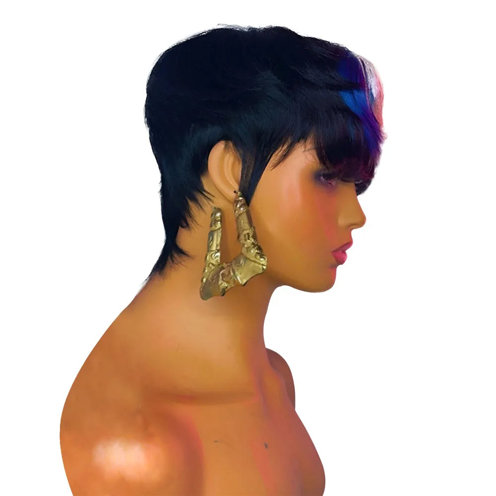613 Blue Highlight Short Straight Bob Wigs Pixie Human Hair Wig With Bangs Full Machine Made Wig Brazilian Virgin Hair Cheap Wig