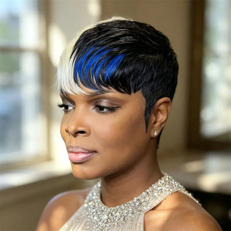 Real Human Hair Short Pixie Cut Wig 613 Blue Highlight Full Machine Made Wig With Bangs Easy Wear For Women Family Party Daily