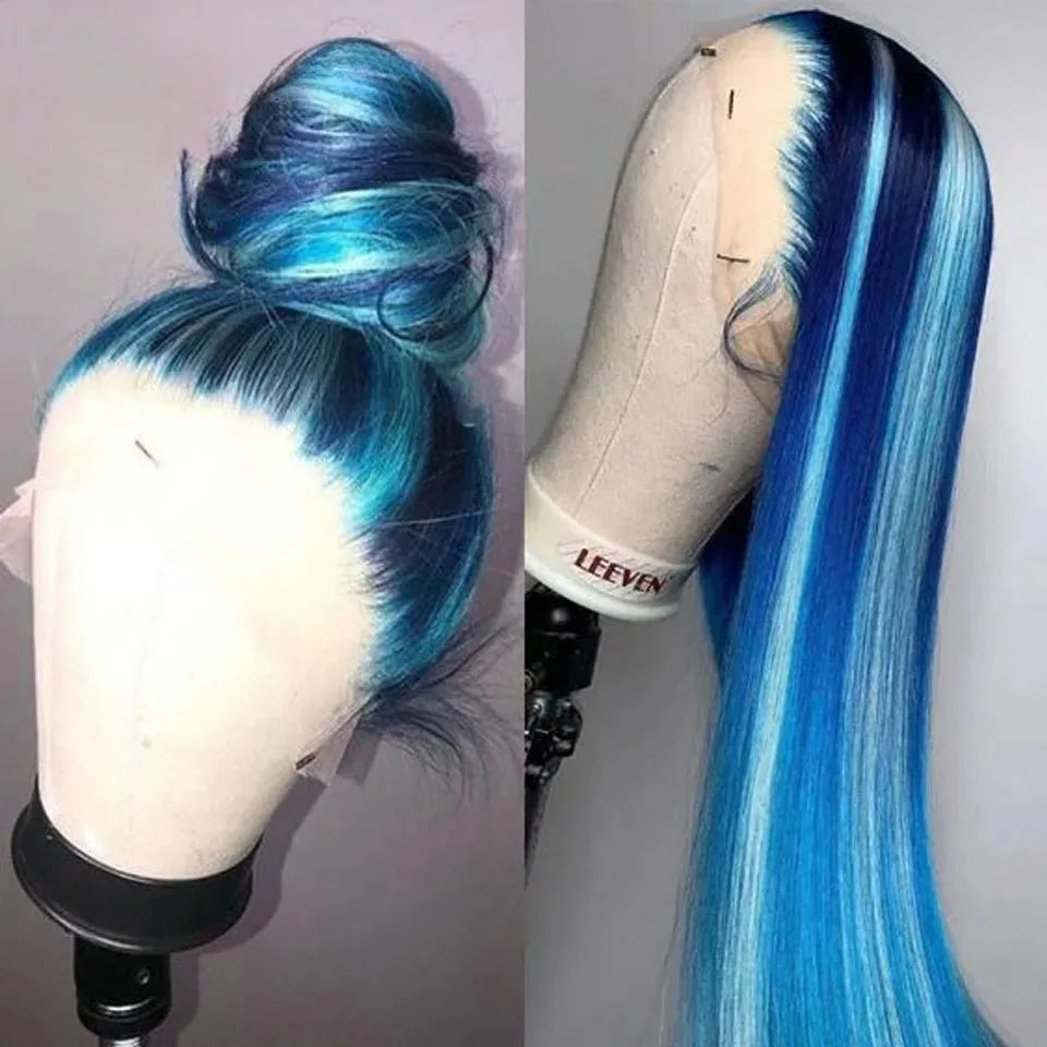 Blue Wig Straight Lace Front Wig HD Transparent Lace Frontal Wig PrePlucked Synthetic High Quality Heat Resistant Daily Cosplay