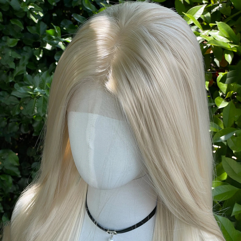 Light Blonde Synthetic Hair 13x4 Lace Front Wigs for Women 26 Inch Long Straight Free Part 150% Density Glueless Half Hand Tied
