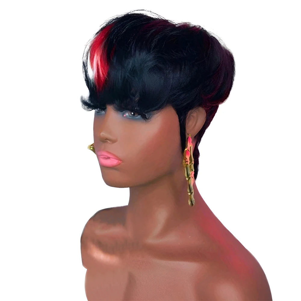 613 Blue Highlight Short Straight Bob Wigs Pixie Human Hair Wig With Bangs Full Machine Made Wig Brazilian Virgin Hair Cheap Wig