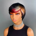 Remy Human Hair Wig with Bangs Highlight Color Straight Pixie Cut Machine Make Wig