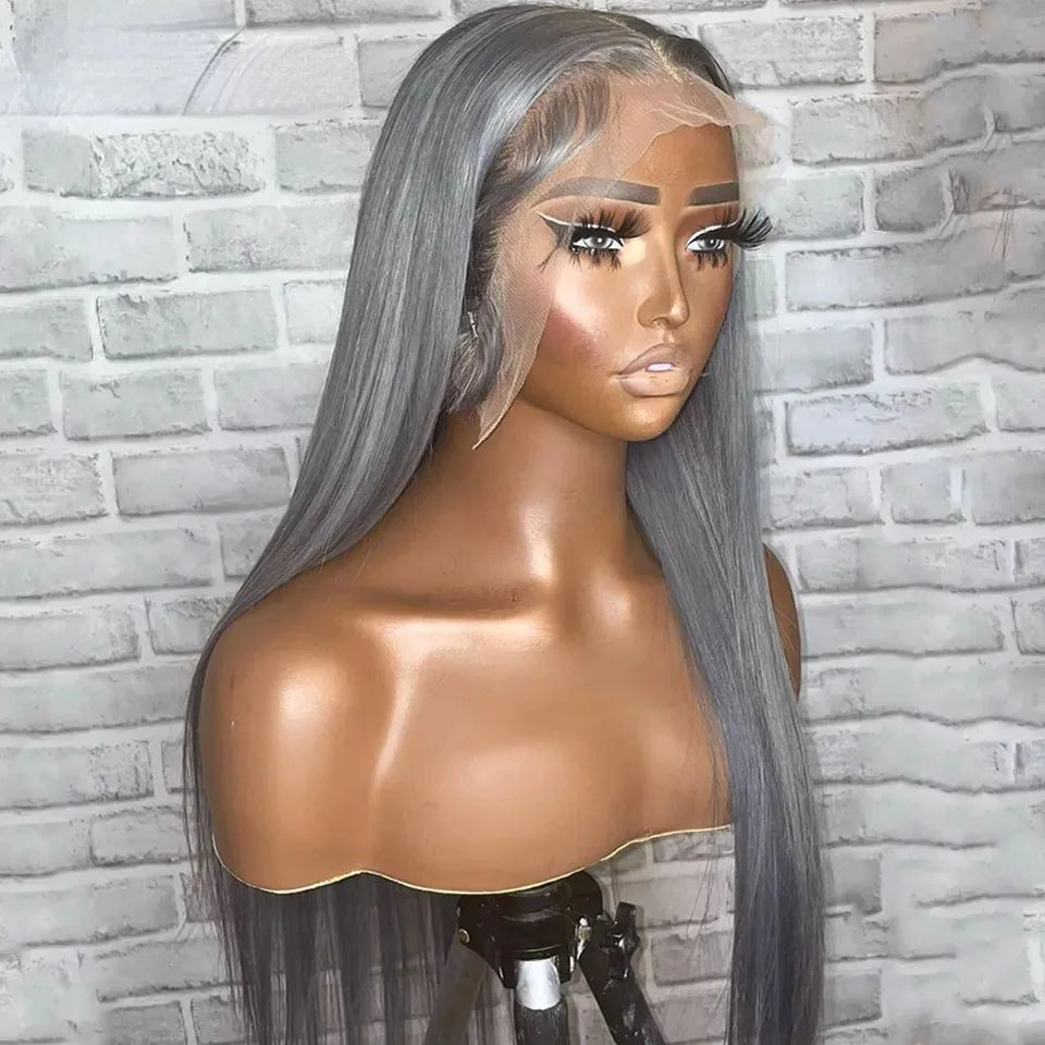 Grey Colored Straight Lace Front Wigs 13x4 180 Density PrePlucked Hd Lace Frontal Wigs Glueless For Women Synthetic And Blend