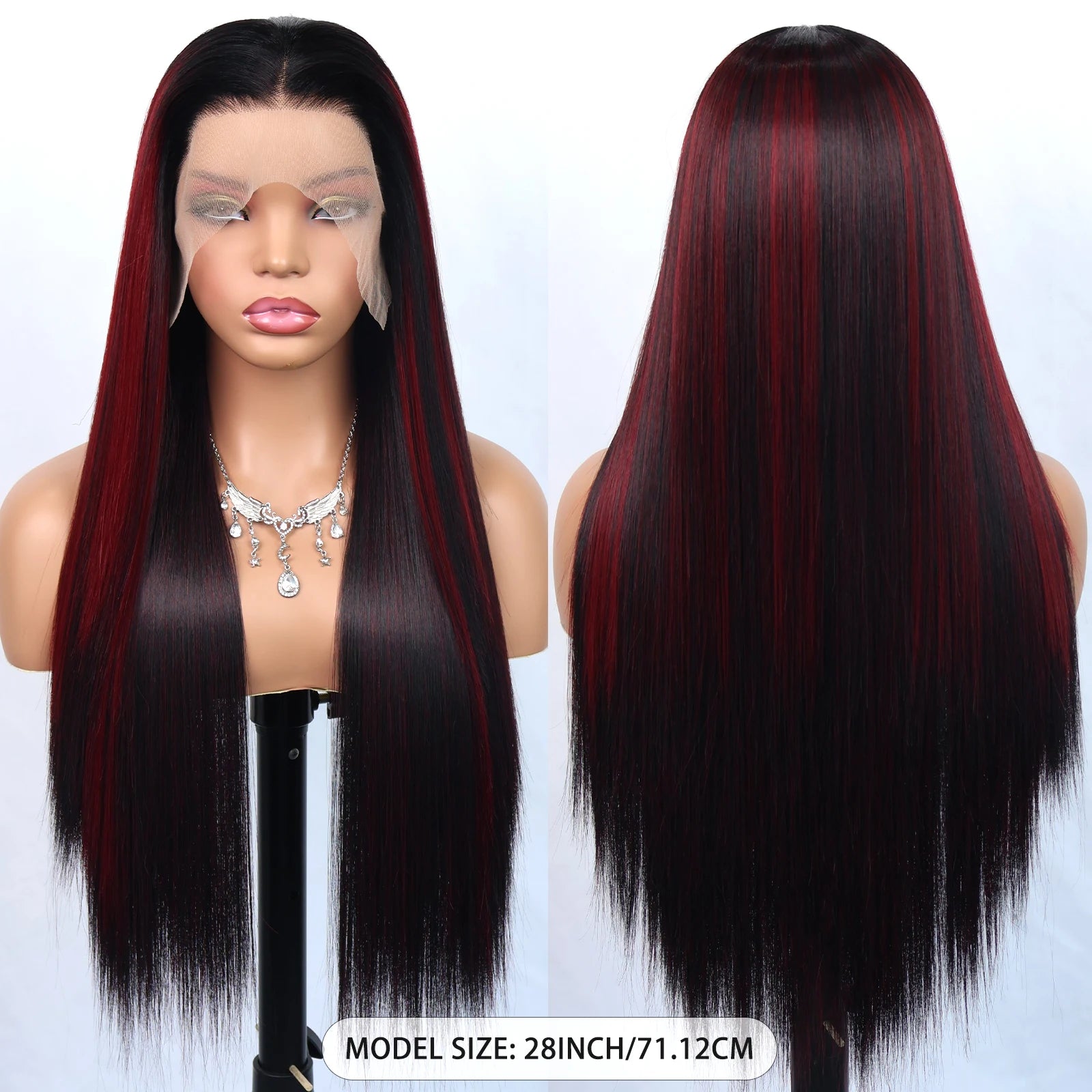 Aubree Synthetic Wigs 13*4 Lace Front Wig For Women Daily Wear Ombre Burgundy Black Hightlight 28 inch Long Straight