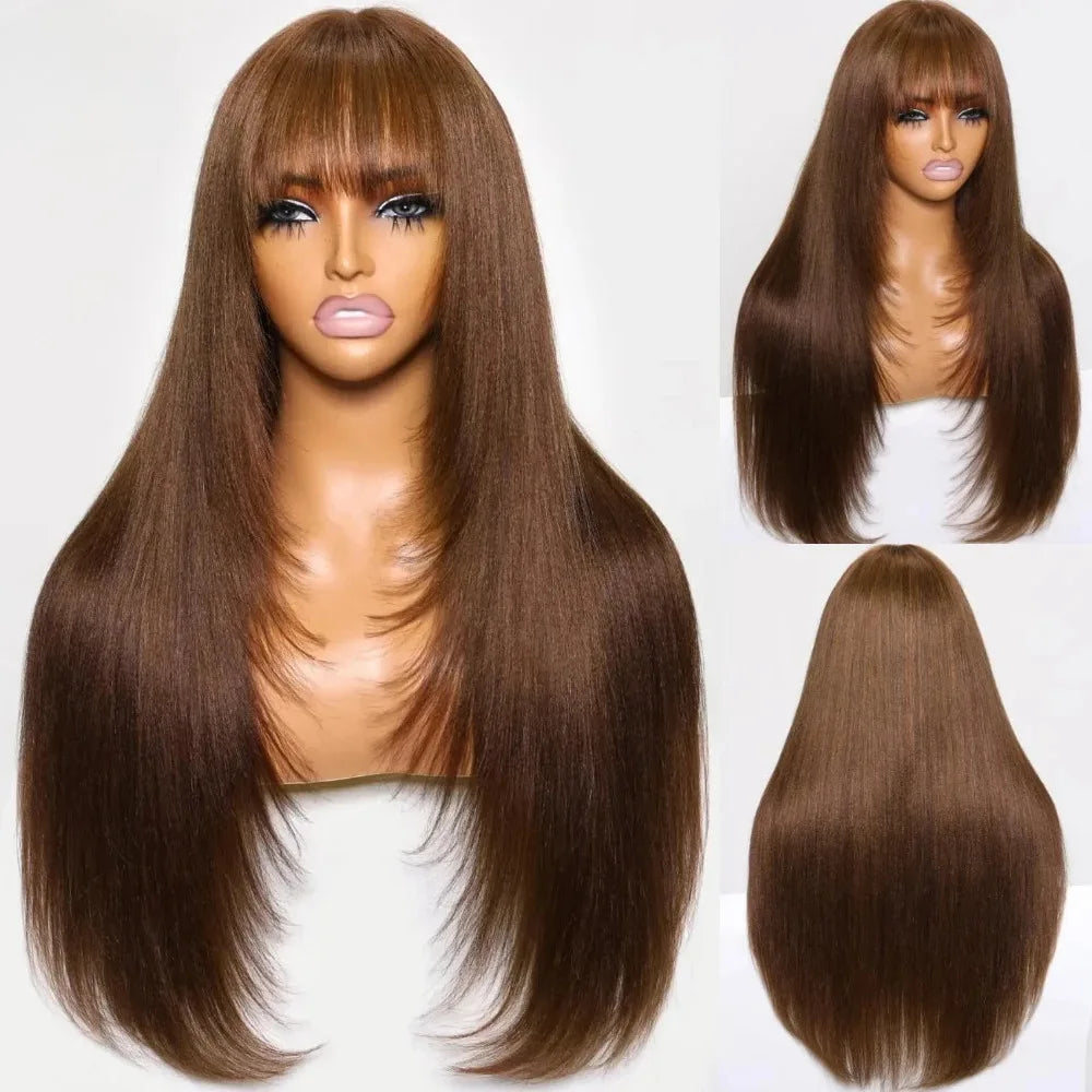 99J Burgundy Red Layered Lace Front Wig With Bangs Bone Straight Synthetic Lace Frontal Wigs 13x4 HD Glueless PrePlucked Cosplay