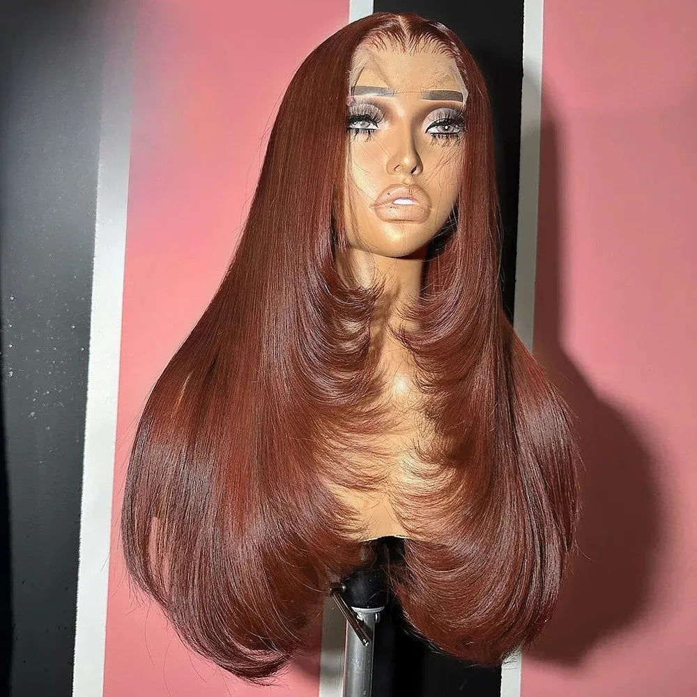 99J Burgundy Red Layered Lace Front Wig With Bangs Bone Straight Synthetic Lace Frontal Wigs 13x4 HD Glueless PrePlucked Cosplay