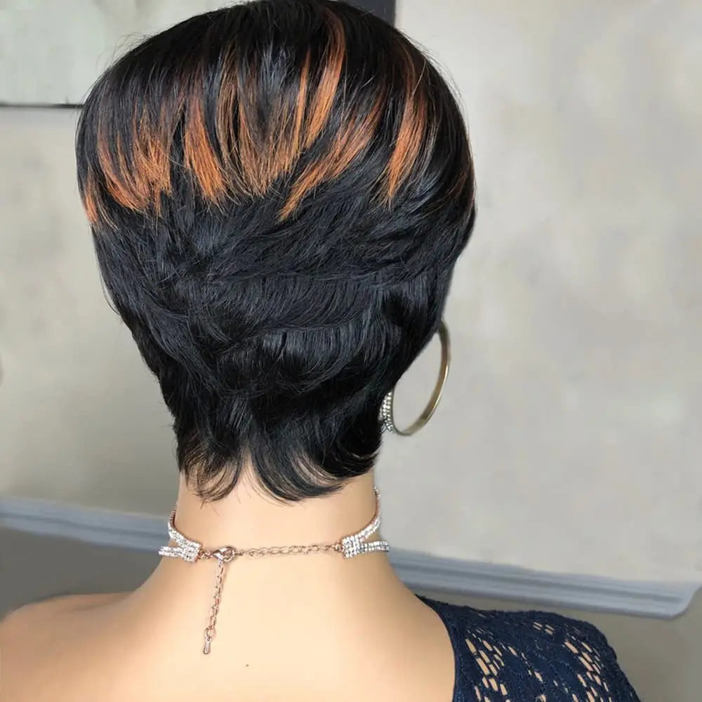 Highlight Pixie Cut Mixed Color1B/30 Hair Style Short Straight human hair Wigs With Bangs For Women Machine Made