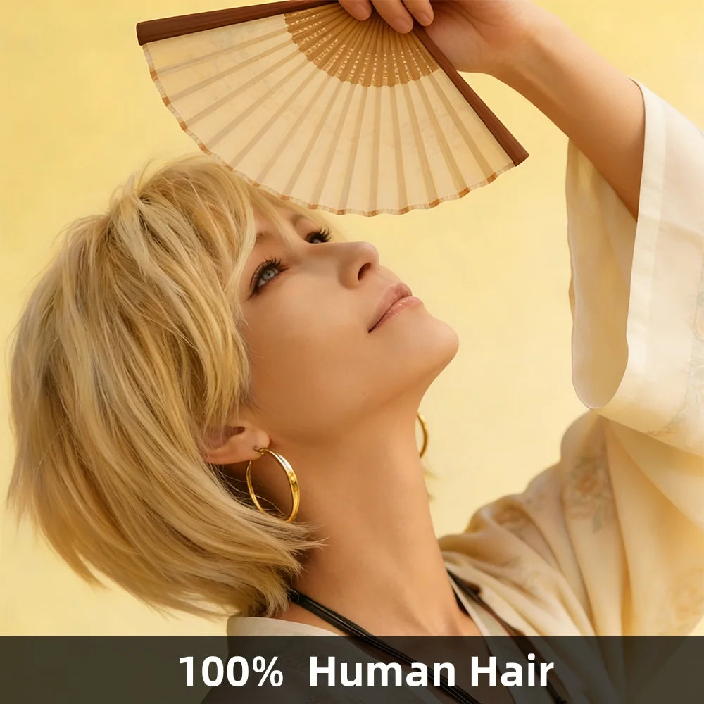 Women's 613 Blonde Pixie Cut Wig 100% Human Hair 6 Inch 180% Density Short Straight With Bangs Full Machine Made For Daily Life