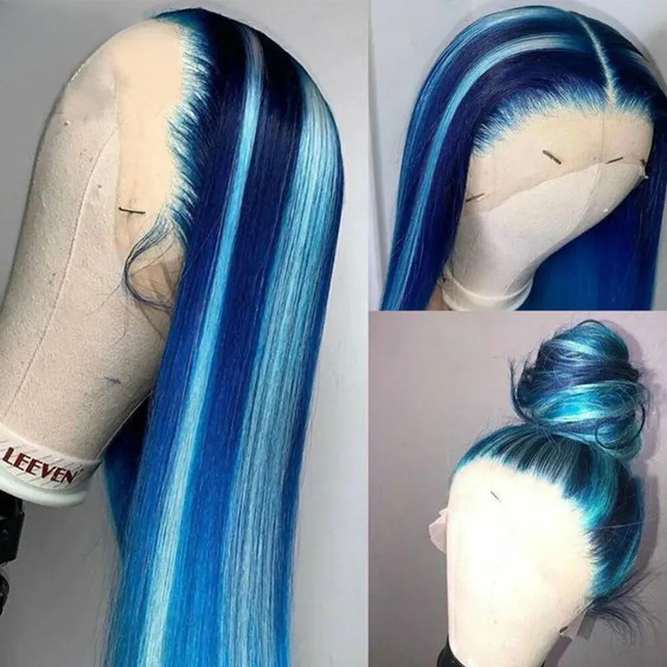 Blue Wig Straight Lace Front Wig HD Transparent Lace Frontal Wig PrePlucked Synthetic High Quality Heat Resistant Daily Cosplay