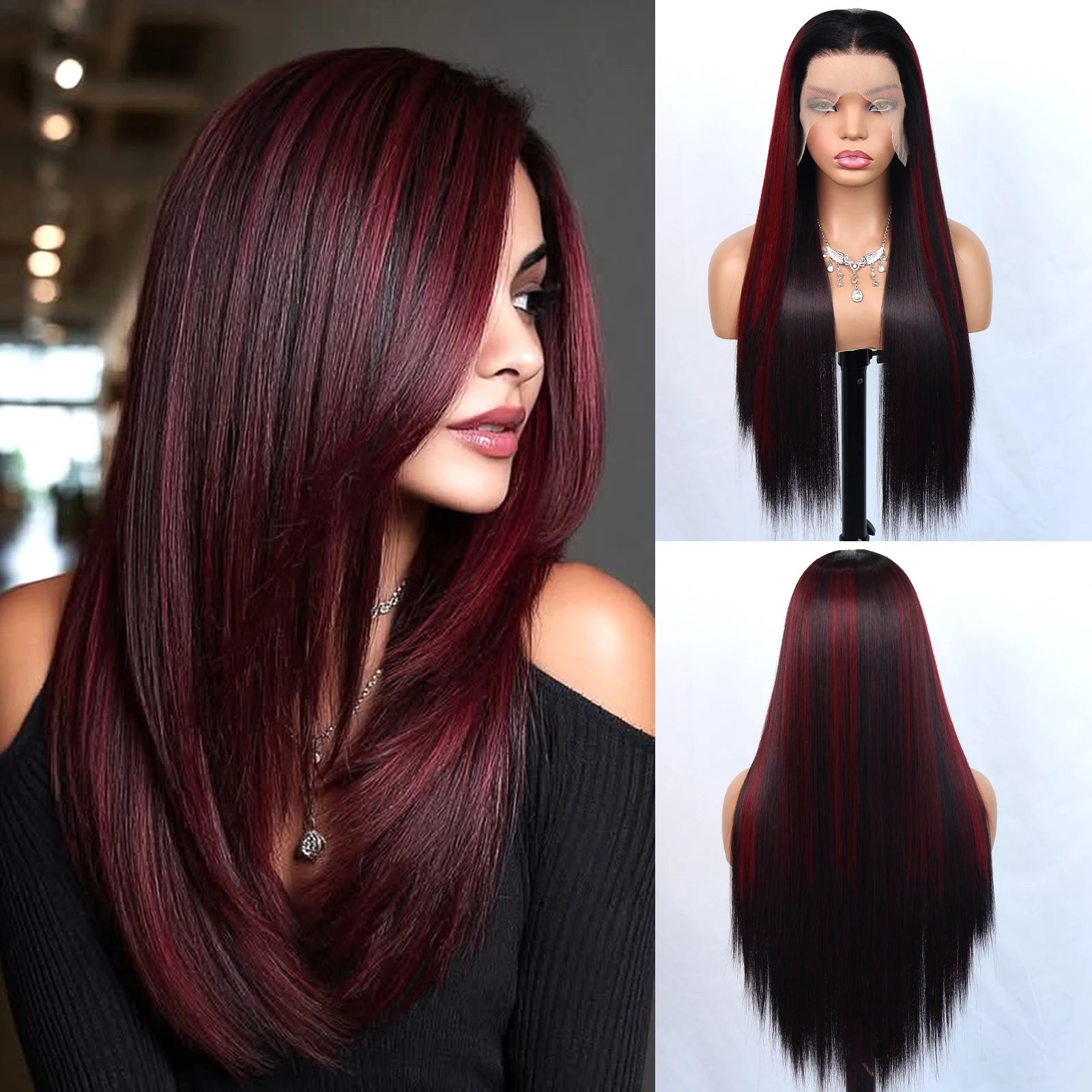 Aubree Synthetic Wigs 13*4 Lace Front Wig For Women Daily Wear Ombre Burgundy Black Hightlight 28 inch Long Straight