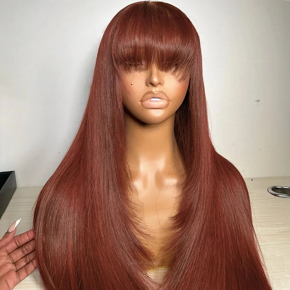 99J Burgundy Red Layered Lace Front Wig With Bangs Bone Straight Synthetic Lace Frontal Wigs 13x4 HD Glueless PrePlucked Cosplay