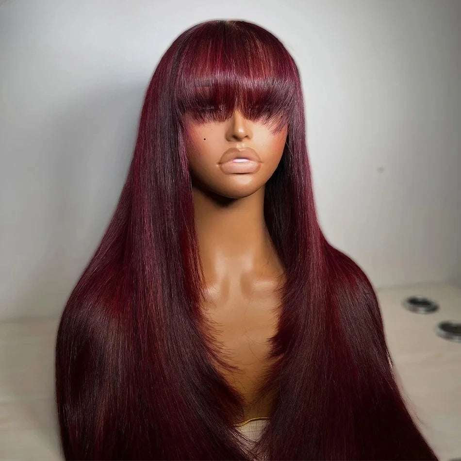 99J Burgundy Red Layered Lace Front Wig With Bangs Bone Straight Synthetic Lace Frontal Wigs 13x4 HD Glueless PrePlucked Cosplay