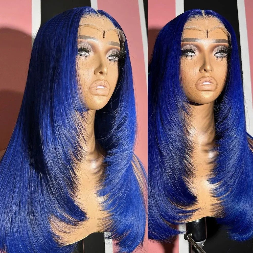 99J Burgundy Red Layered Lace Front Wig With Bangs Bone Straight Synthetic Lace Frontal Wigs 13x4 HD Glueless PrePlucked Cosplay