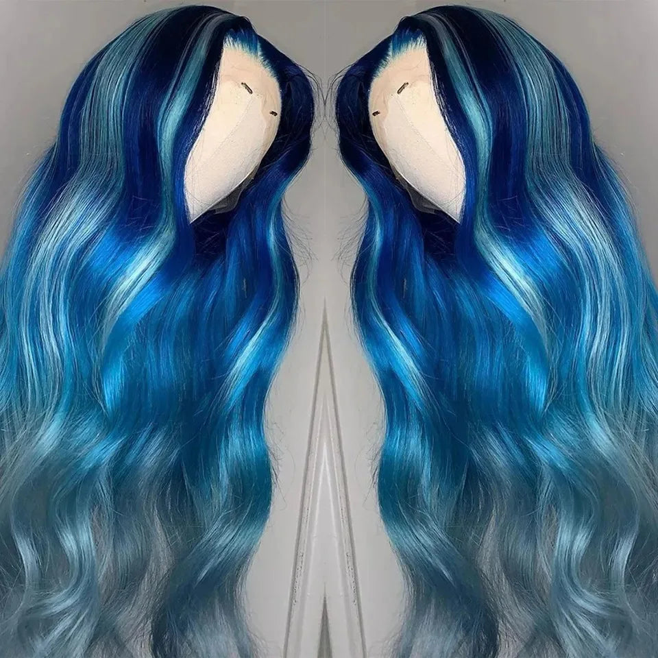 Blue Wig Straight Lace Front Wig HD Transparent Lace Frontal Wig PrePlucked Synthetic High Quality Heat Resistant Daily Cosplay